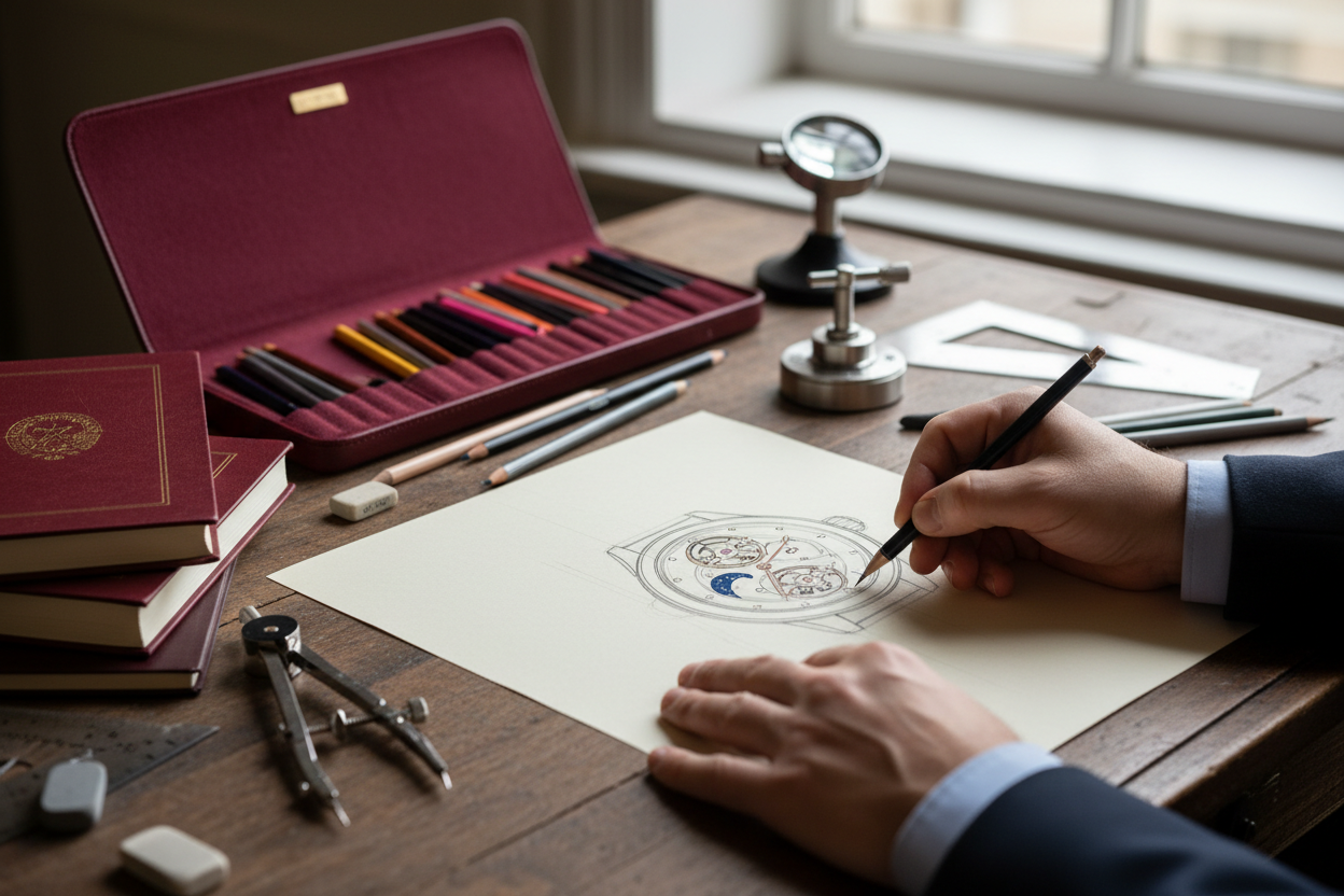 Realista. imagen para personalizacion de relojes. Relojero haciendo un sketch de un disño de reloj. La imagen tiene que tener detalles como puede ser lapizeros cuadernos etc en tonalizades rojizas, en particular (8B0000)